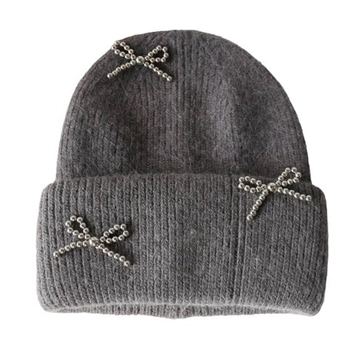 BLACK KNIT BEANIE WITH BEADED BOWS WINTER HAT