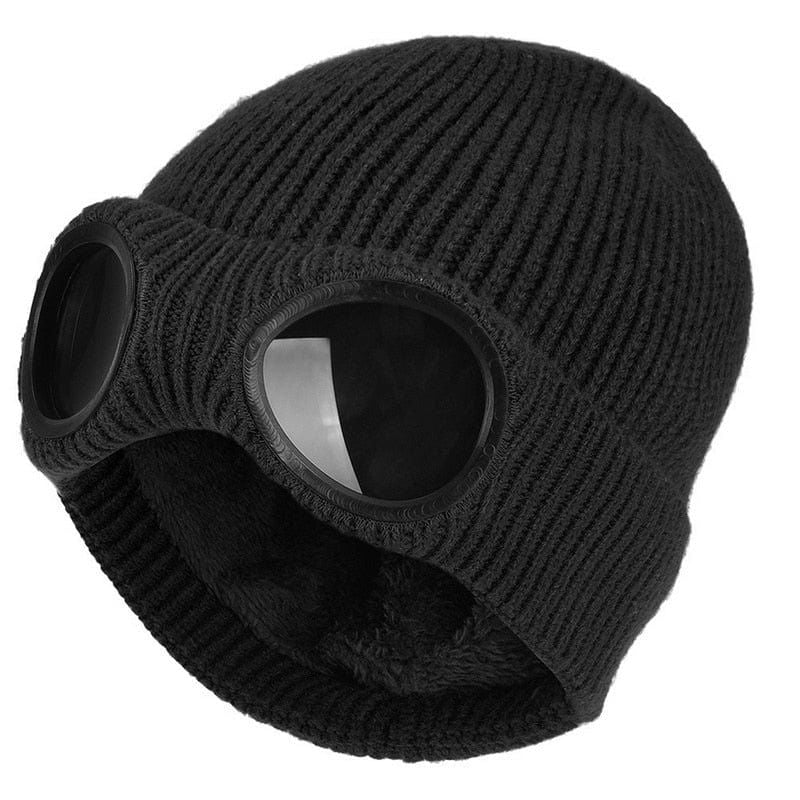BLACK KNIT BEANIE WITH GOGGLES