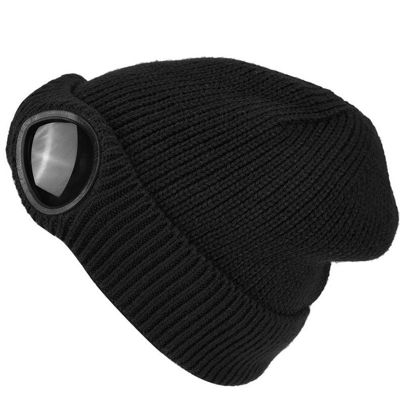BLACK KNIT BEANIE WITH GOGGLES