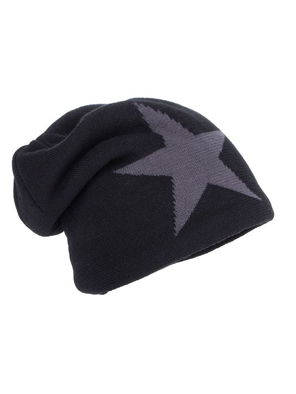 BLACK KNIT BEANIE WITH GRAY STAR WARM FLEECE BEANIE