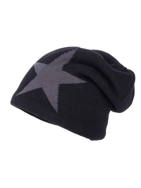 BLACK KNIT BEANIE WITH GRAY STAR WARM FLEECE BEANIE