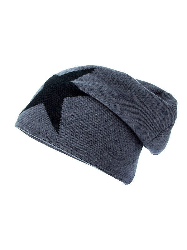 BLACK KNIT BEANIE WITH GRAY STAR WARM FLEECE BEANIE