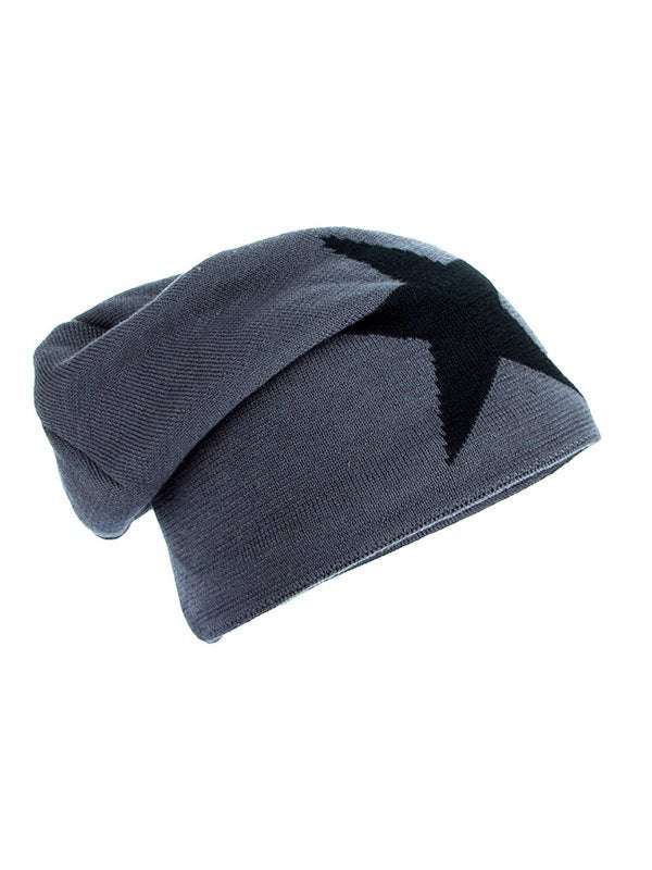 BLACK KNIT BEANIE WITH GRAY STAR WARM FLEECE BEANIE