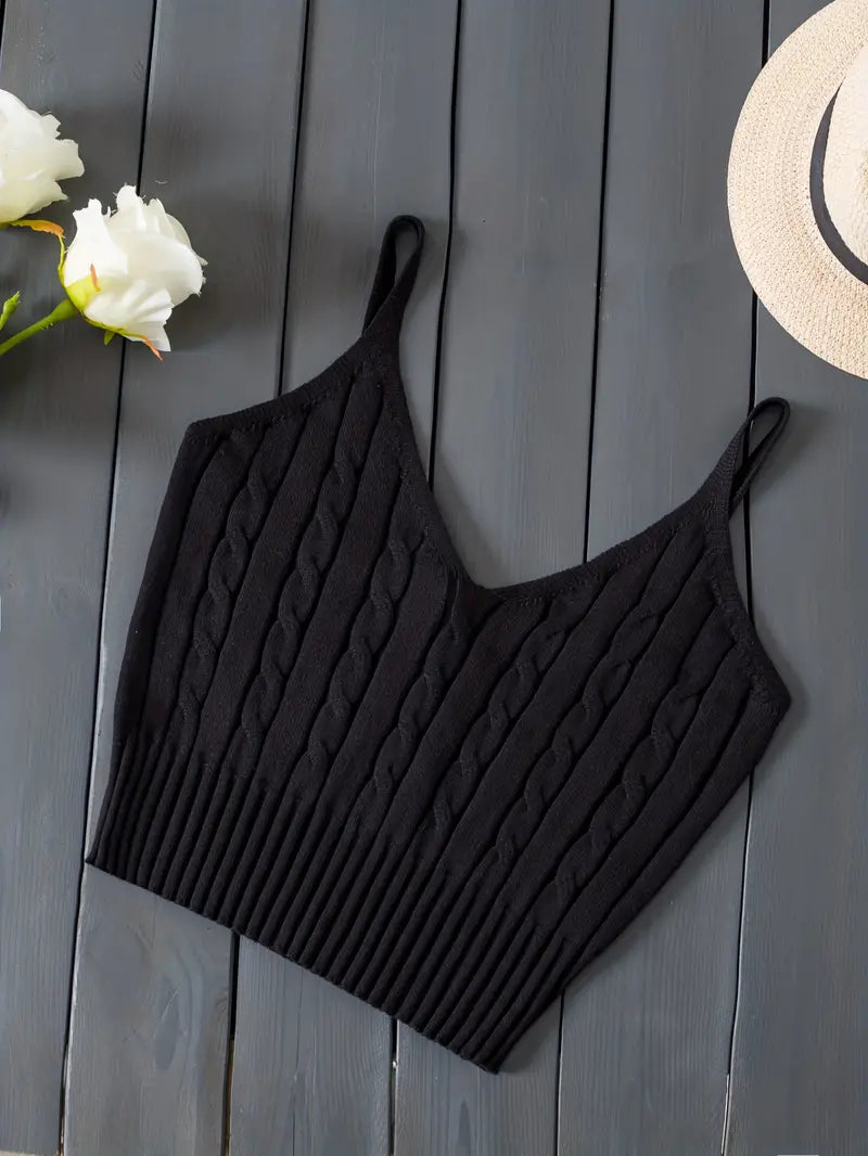 BLACK KNITTED V-NECK TANK TOP - CLASSIC KNITTED CAMI