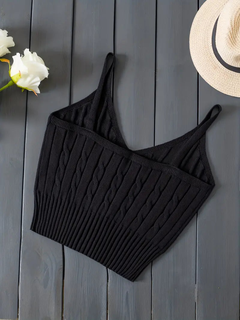 BLACK KNITTED V-NECK TANK TOP - CLASSIC KNITTED CAMI