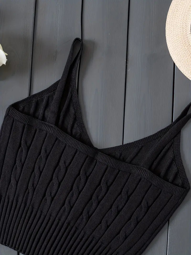 BLACK KNITTED V-NECK TANK TOP - CLASSIC KNITTED CAMI