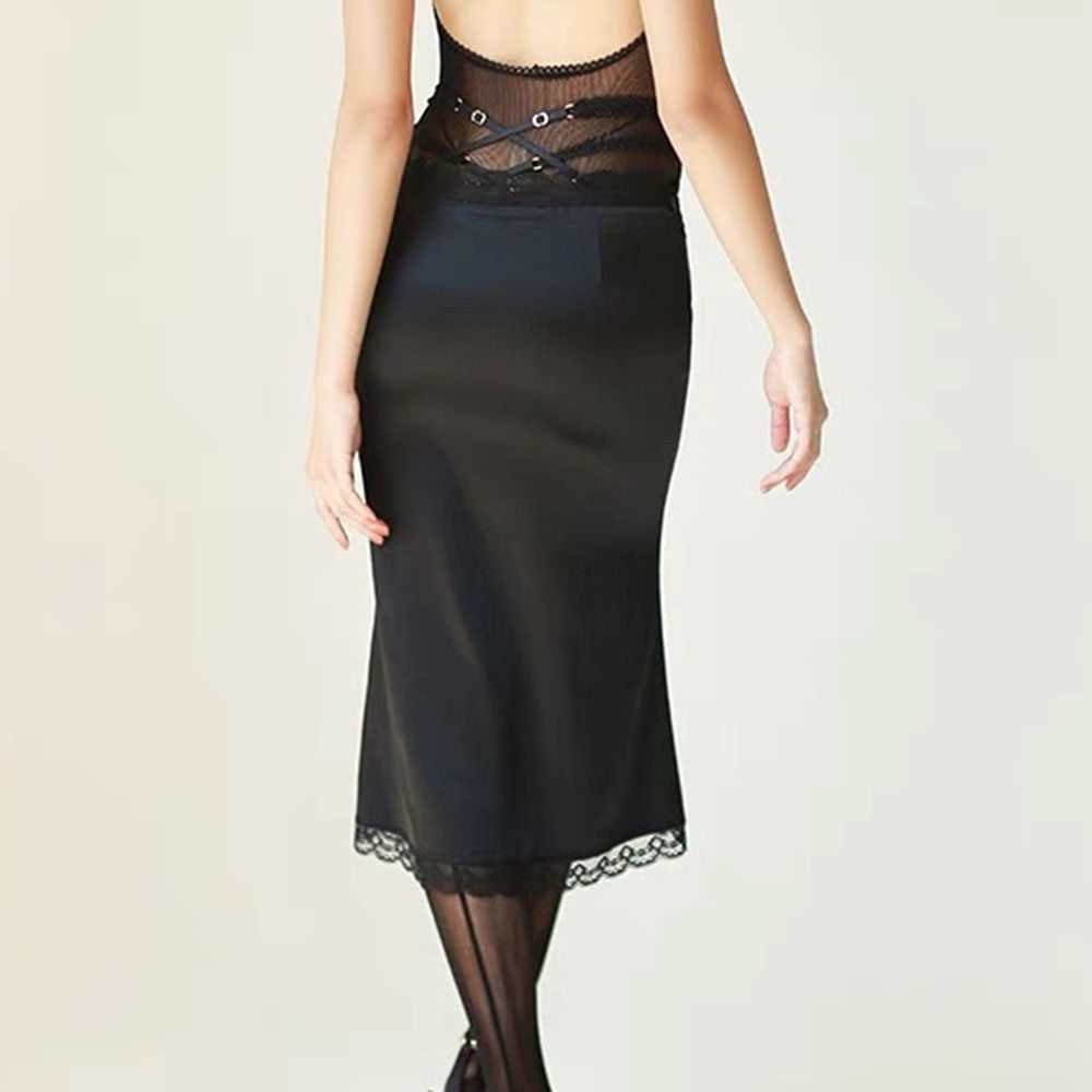 BLACK LACE BOW DRESS FOR WOMEN WITH MIDI SKIRT STYLE