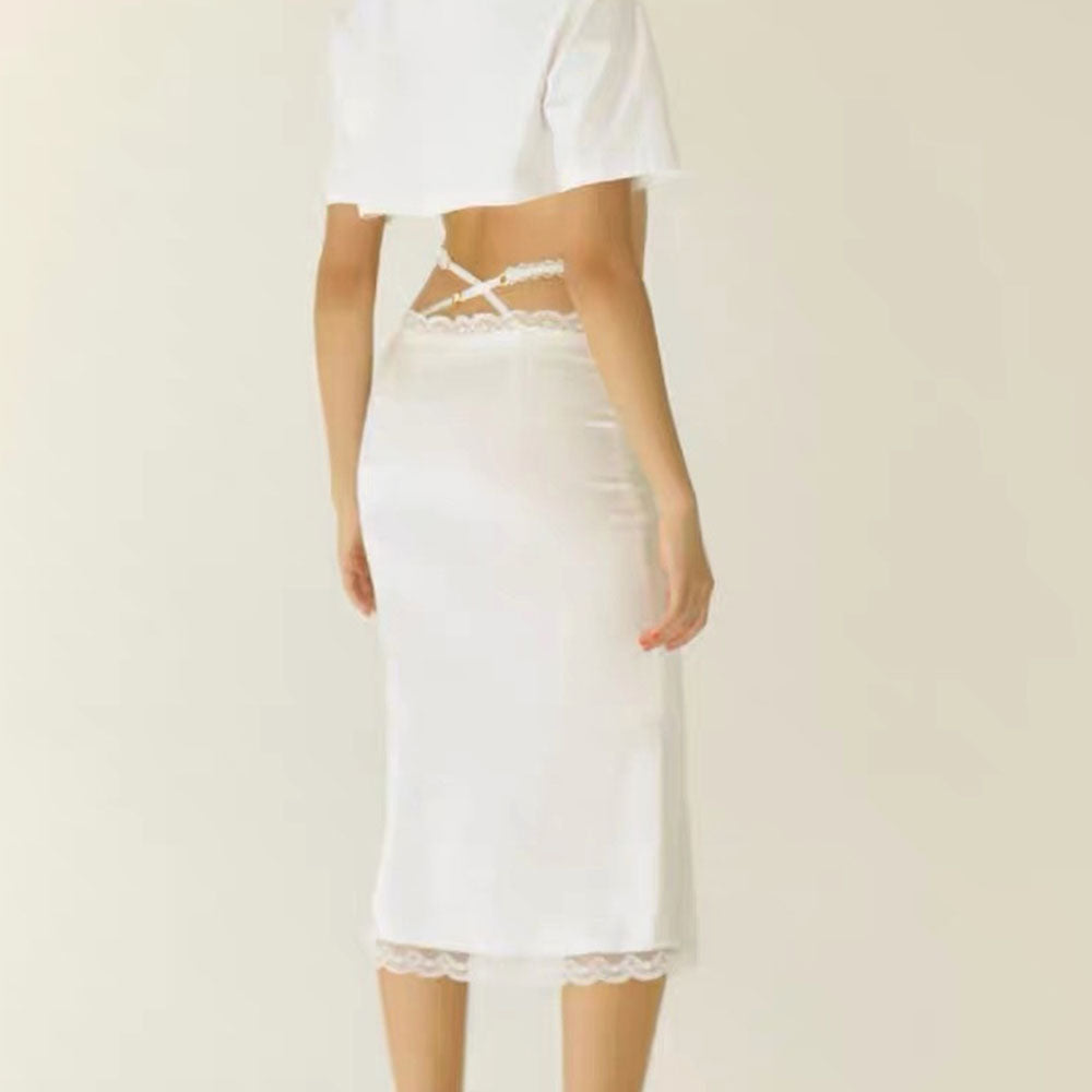 BLACK LACE BOW DRESS FOR WOMEN WITH MIDI SKIRT STYLE