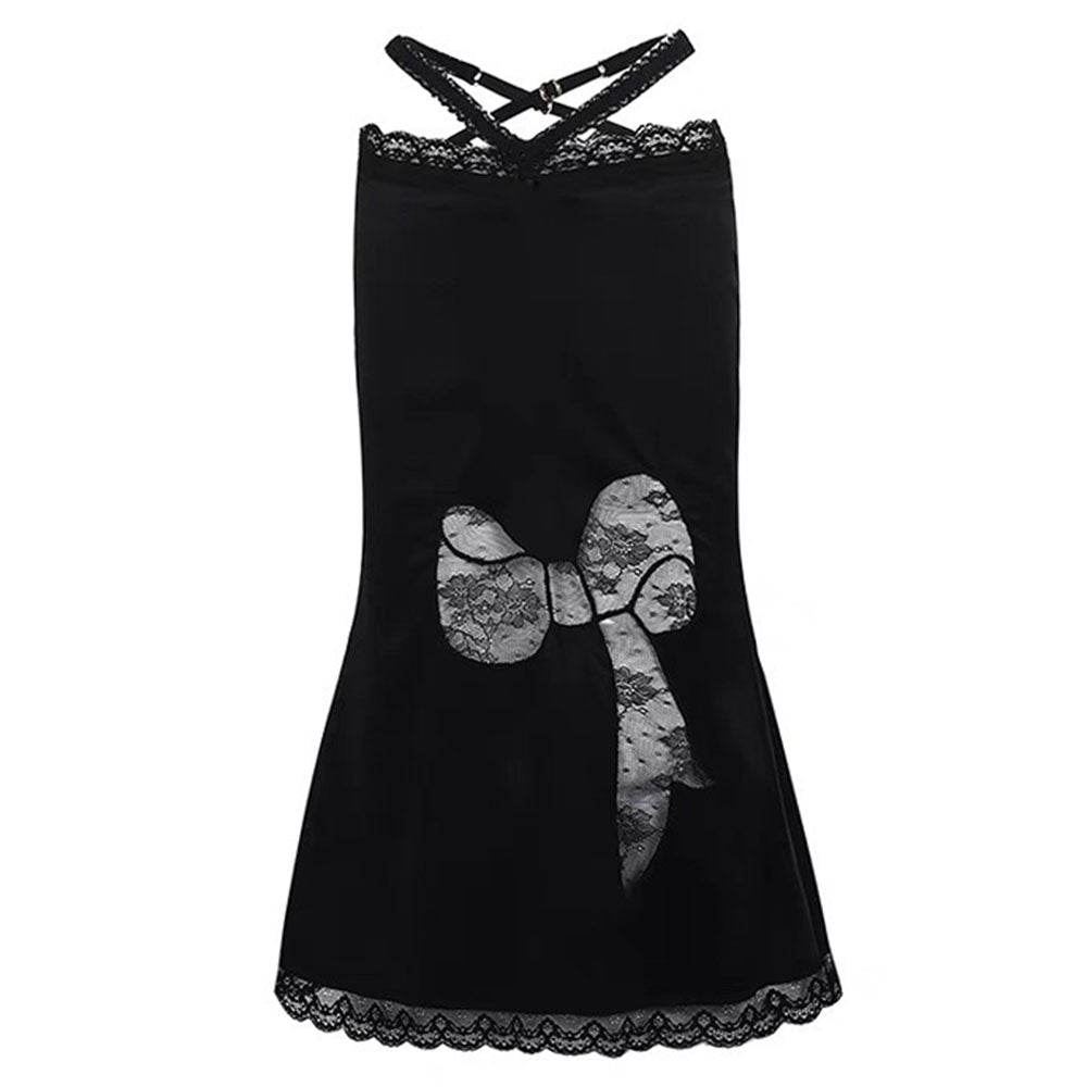 BLACK LACE BOW DRESS FOR WOMEN WITH MIDI SKIRT STYLE