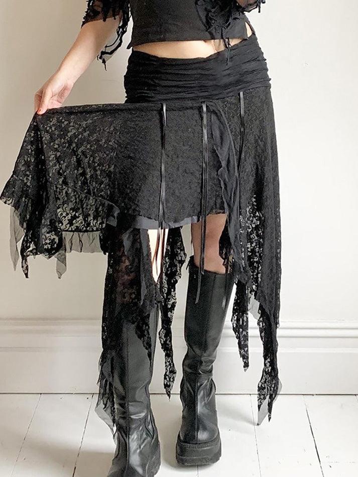 BLACK LACE HANDKERCHIEF SKIRT CUTE VINTAGE SLIM FIT Y2K STYLE