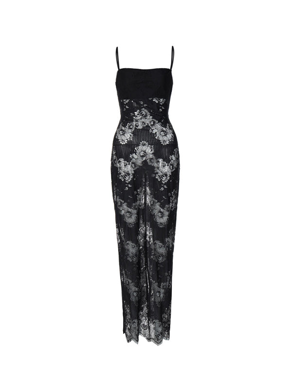 BLACK LACE MAXI DRESS WITH BACKLESS LACE-UP DESIGN