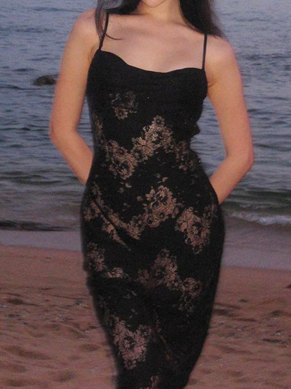 BLACK LACE MAXI DRESS WITH BACKLESS LACE-UP DESIGN