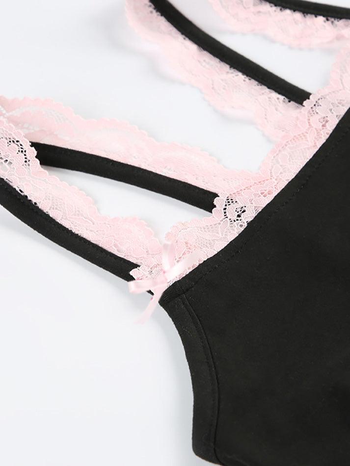 BLACK LACE TRIM ROMPER WITH CONTRAST Y2K SPAGHETTI STRAPS