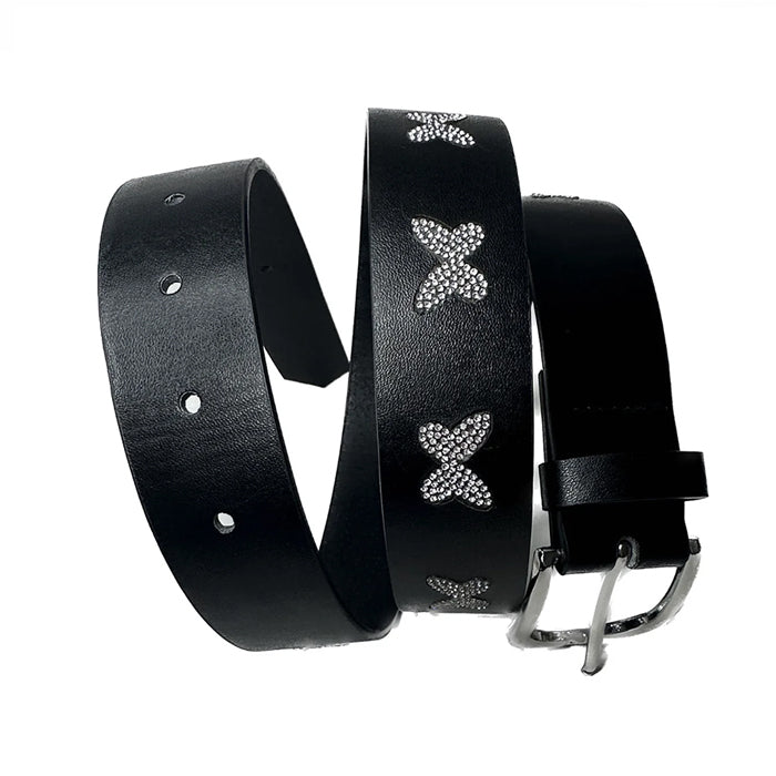 BLACK LEATHER BELT WITH BUTTERFLY EMBELLISHMENTS FOR WOMEN
