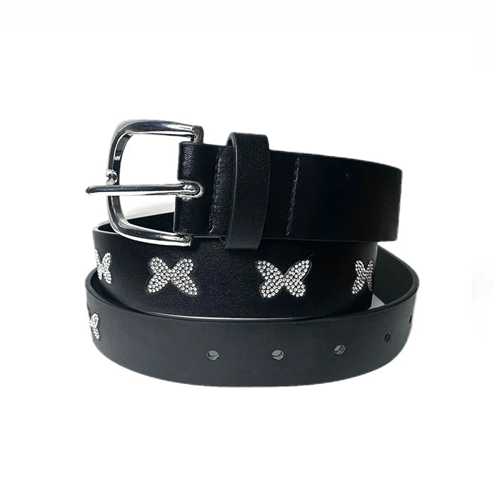 BLACK LEATHER BELT WITH BUTTERFLY EMBELLISHMENTS FOR WOMEN