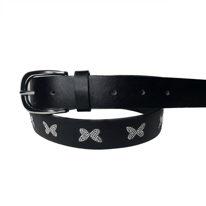 BLACK LEATHER BELT WITH BUTTERFLY EMBELLISHMENTS FOR WOMEN