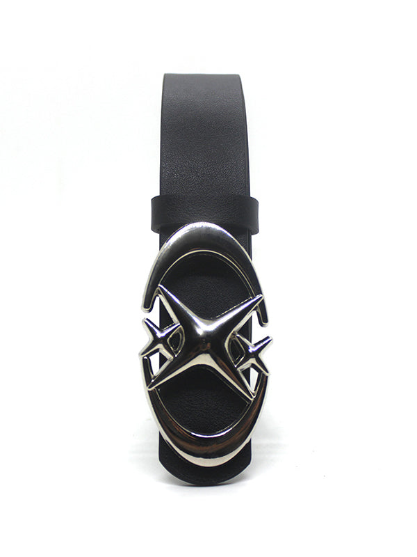 BLACK LEATHER BELT WITH SILVER BUCKLE Y2K BUCKLE BELT