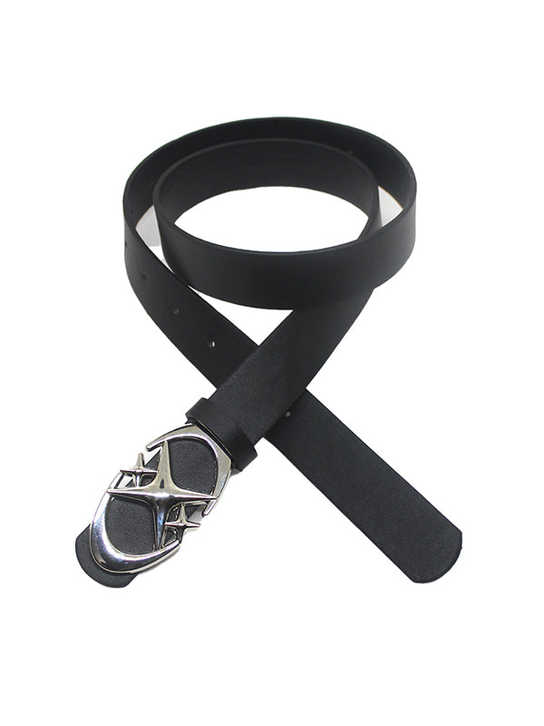 BLACK LEATHER BELT WITH SILVER BUCKLE Y2K BUCKLE BELT