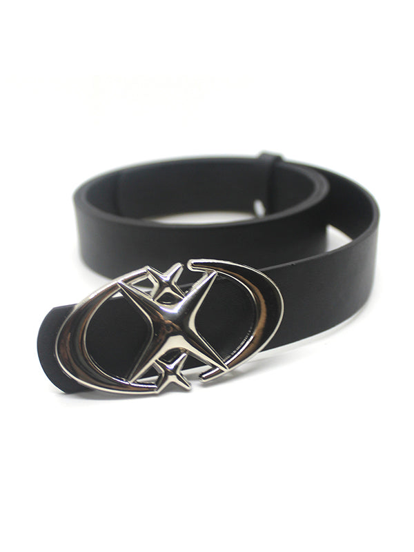 BLACK LEATHER BELT WITH SILVER BUCKLE Y2K BUCKLE BELT