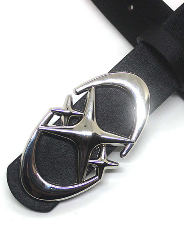 BLACK LEATHER BELT WITH SILVER BUCKLE Y2K BUCKLE BELT