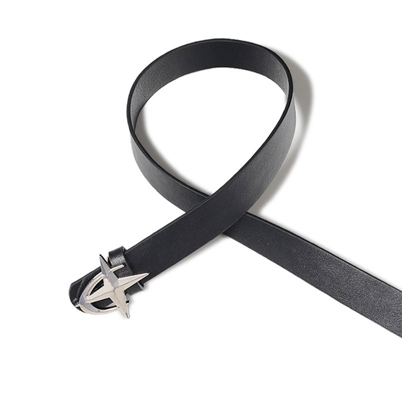 BLACK LEATHER BELT WITH SILVER STAR BUCKLE FOR GRUNGE AESTHETIC STYLE