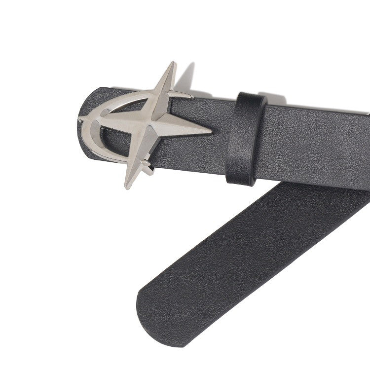 BLACK LEATHER BELT WITH SILVER STAR BUCKLE FOR GRUNGE AESTHETIC STYLE