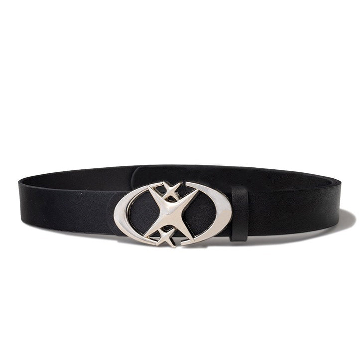 BLACK LEATHER BELT WITH SILVER STAR BUCKLE FOR SUPERNOVA STAR AESTHETIC