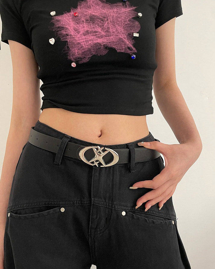 BLACK LEATHER BELT WITH SILVER STAR BUCKLE FOR SUPERNOVA STAR AESTHETIC
