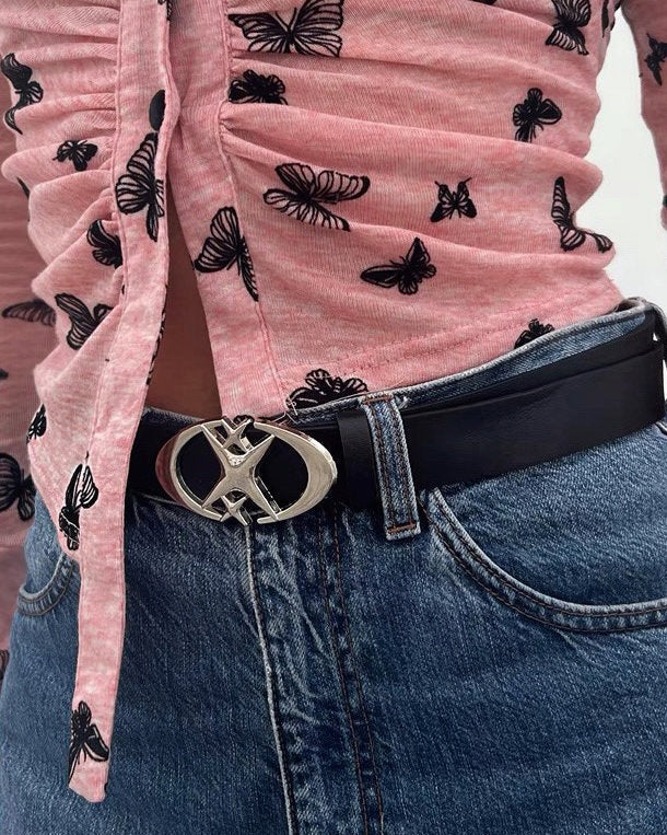 BLACK LEATHER BELT WITH SILVER STAR BUCKLE FOR SUPERNOVA STAR AESTHETIC