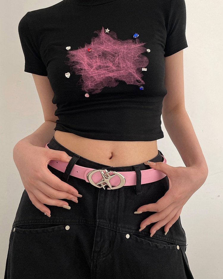 BLACK LEATHER BELT WITH SILVER STAR BUCKLE FOR SUPERNOVA STAR AESTHETIC