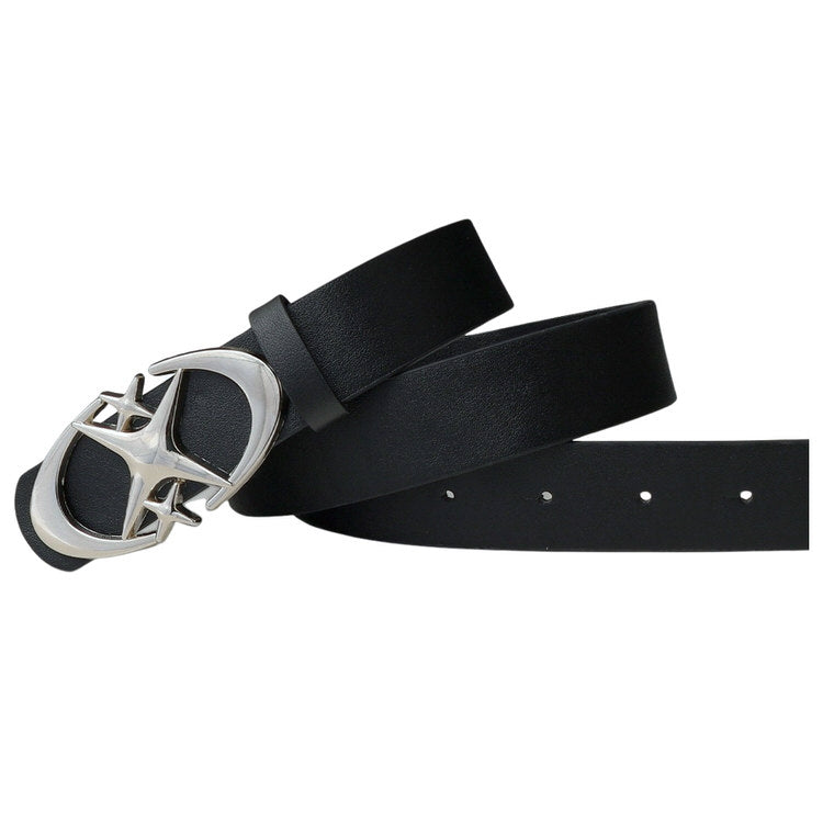 BLACK LEATHER BELT WITH SILVER STAR BUCKLE FOR SUPERNOVA STAR AESTHETIC