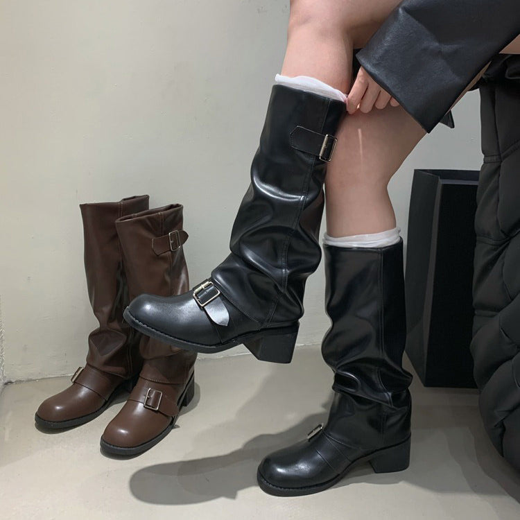 BLACK LEATHER BUCKLE BOOTS PAIR FOR MEN AND WOMEN