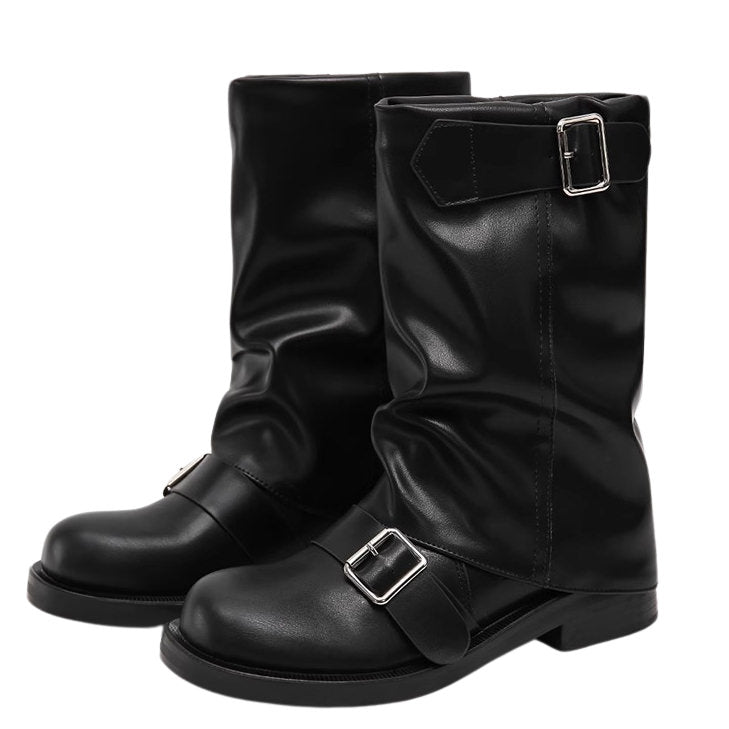 BLACK LEATHER BUCKLE BOOTS PAIR FOR MEN AND WOMEN