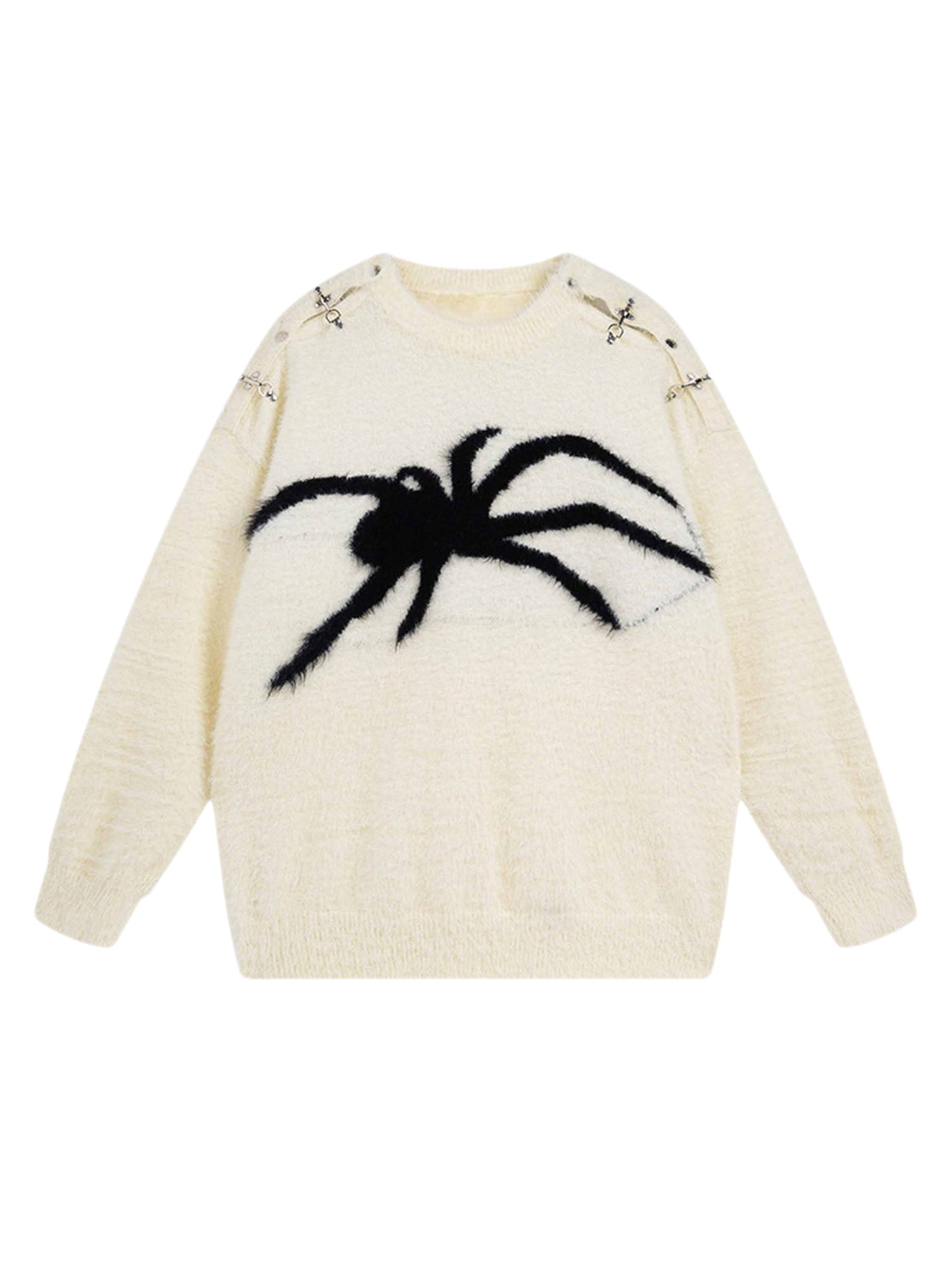 BLACK LONG SLEEVE PULLOVER WITH WHITE SPIDER DESIGN - TRENDY CASUAL LOOK