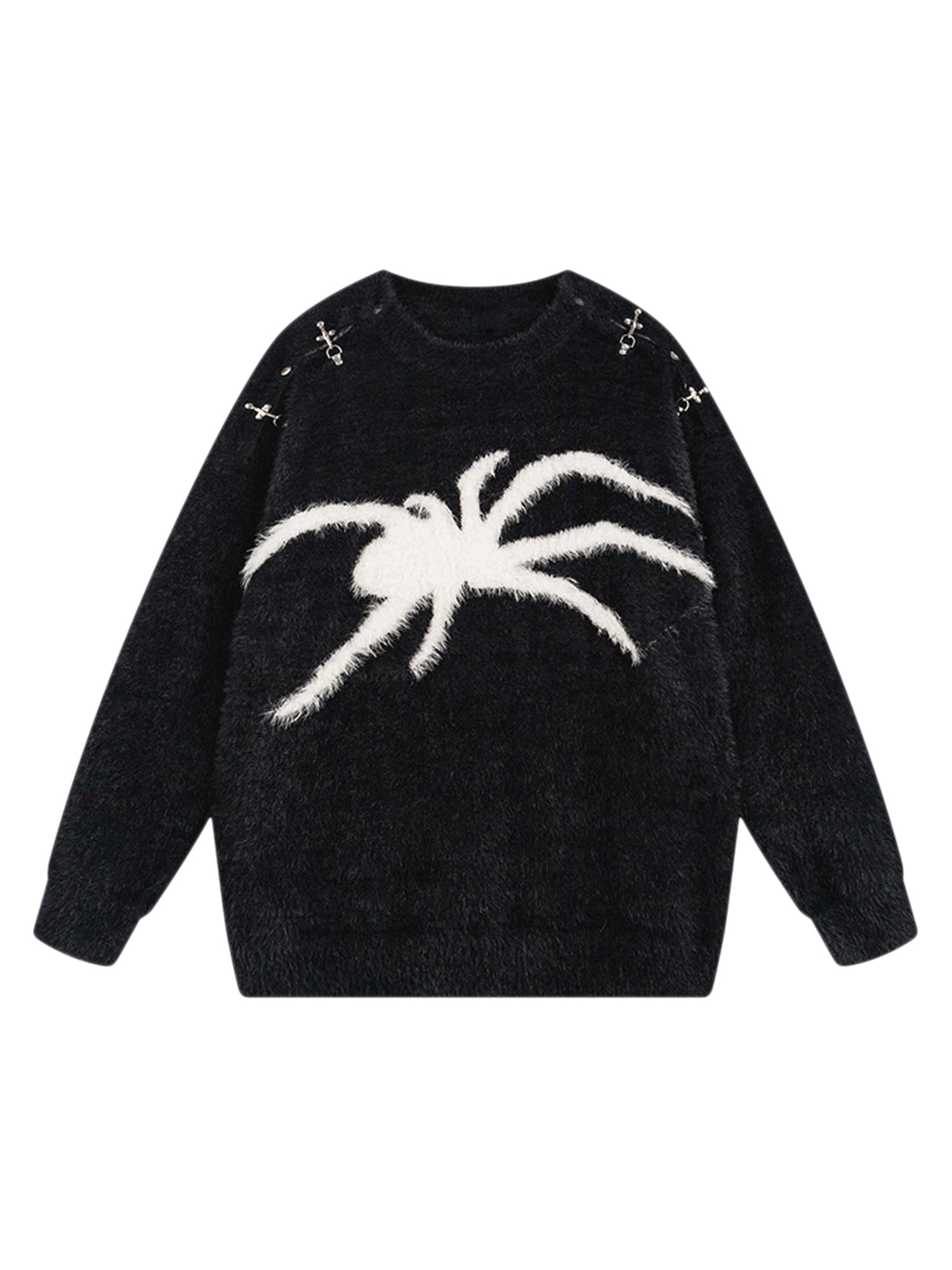 BLACK LONG SLEEVE PULLOVER WITH WHITE SPIDER DESIGN - TRENDY CASUAL LOOK