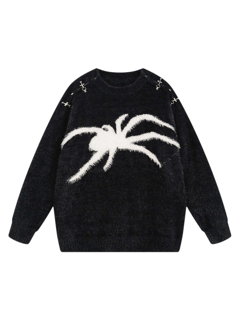 BLACK LONG SLEEVE PULLOVER WITH WHITE SPIDER DESIGN - TRENDY CASUAL LOOK