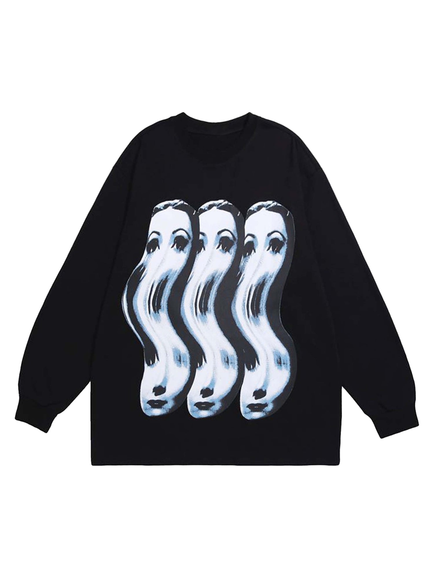 BLACK LONG SLEEVE SHIRT WITH DISTORTED FACES - LONG SLEEVE PULLOVER