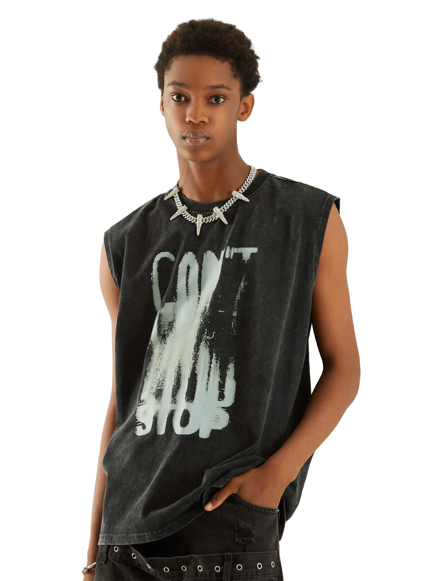 BLACK LOOSE FIT SLEEVELESS SHIRT WITH WHITE GRAPHIC DESIGN