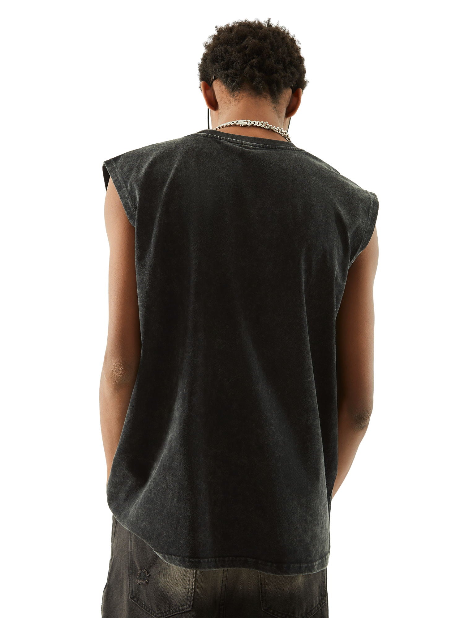 BLACK LOOSE FIT SLEEVELESS SHIRT WITH WHITE GRAPHIC DESIGN
