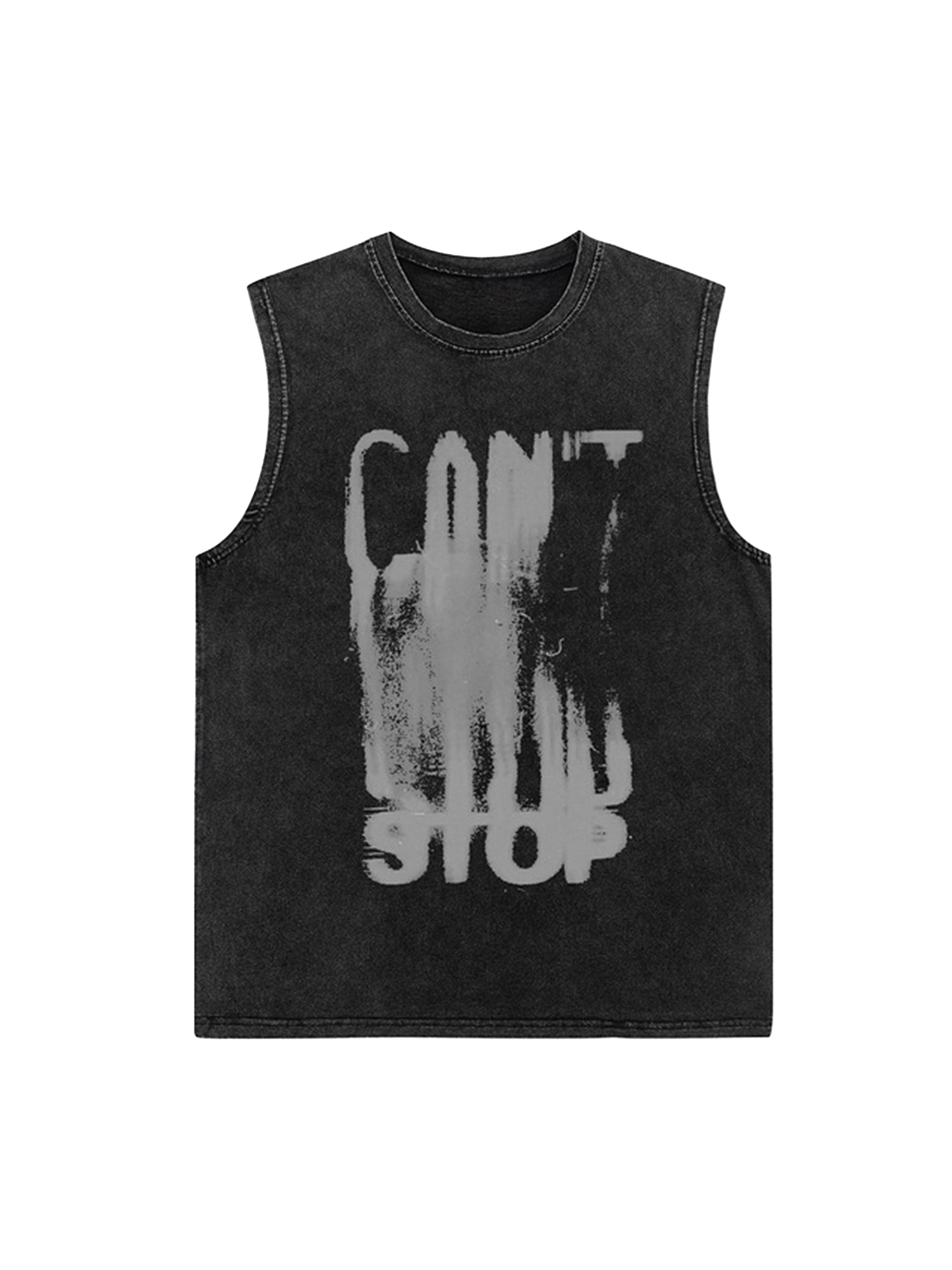 BLACK LOOSE FIT SLEEVELESS SHIRT WITH WHITE GRAPHIC DESIGN