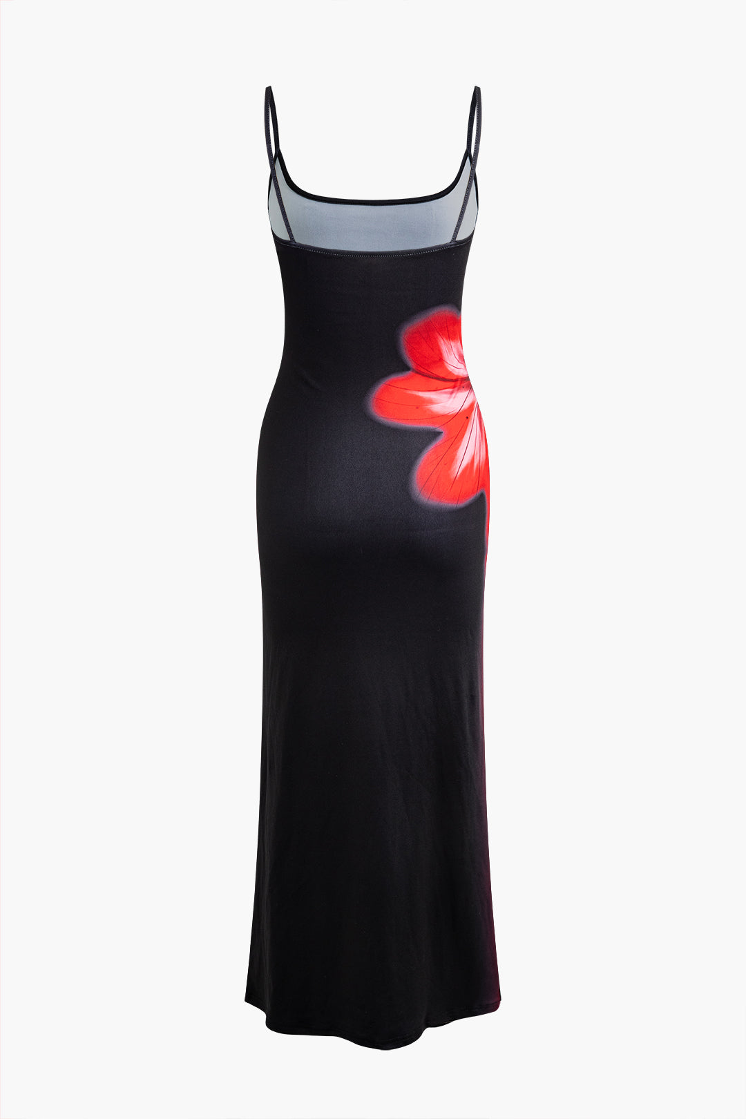 BLACK MAXI DRESS WITH RED FLORAL DESIGN CASUAL MILK SILK DRESS