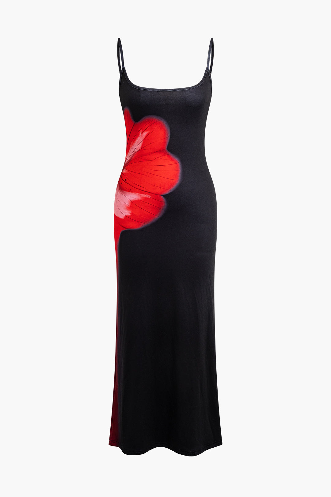 BLACK MAXI DRESS WITH RED FLORAL DESIGN CASUAL MILK SILK DRESS
