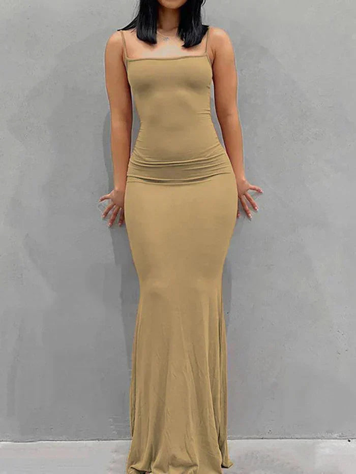 BLACK MAXI DRESS WITH SLIM FIT AND SQUARE NECKLINE