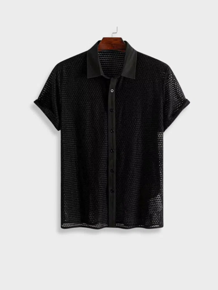 BLACK MESH SHORT-SLEEVED SHIRT CHEMISE STREETWEAR CASUAL