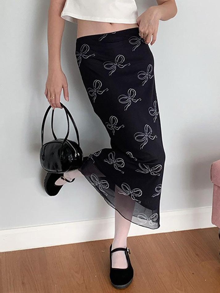 BLACK MIDI SKIRT WITH BOW PRINT - SLIM FIT DESIGN