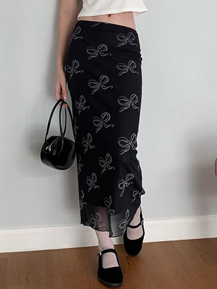 BLACK MIDI SKIRT WITH BOW PRINT - SLIM FIT DESIGN