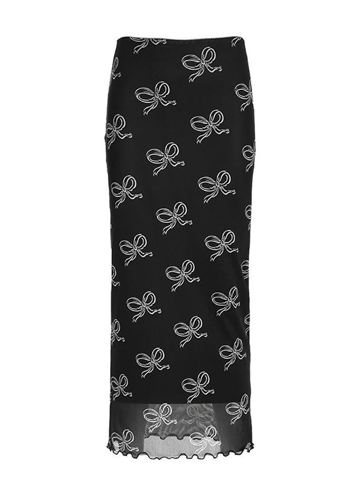 BLACK MIDI SKIRT WITH BOW PRINT - SLIM FIT DESIGN