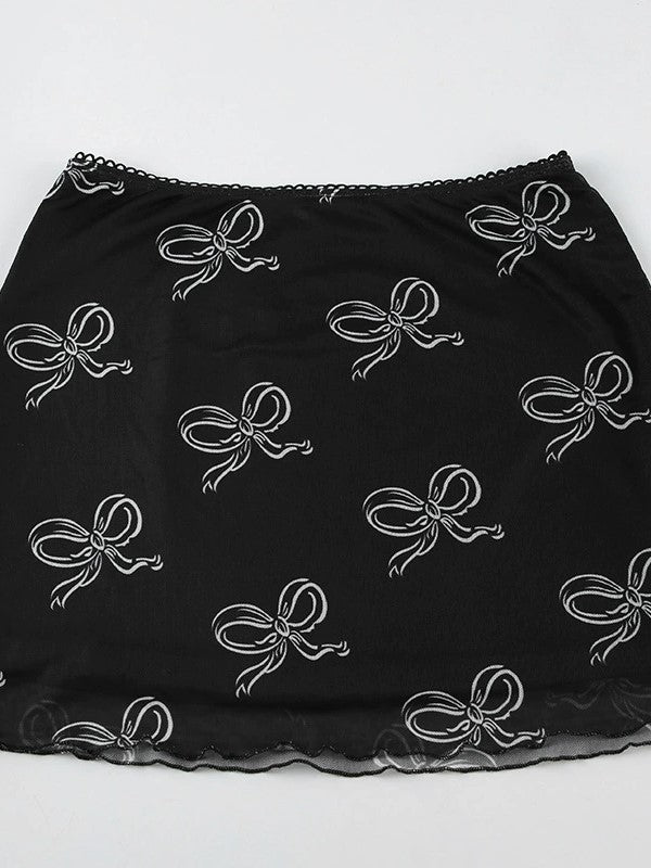 BLACK MINI SKIRT WITH WHITE BOW PATTERN Y2K STYLE