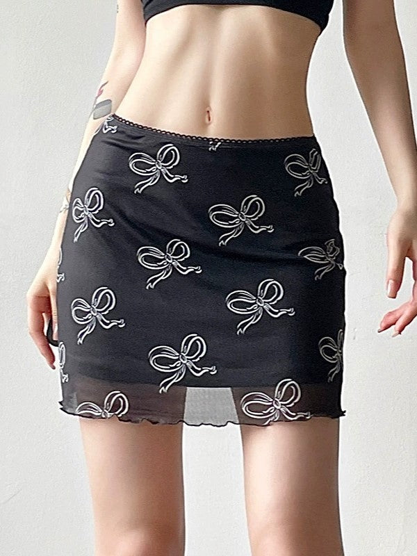 BLACK MINI SKIRT WITH WHITE BOW PATTERN Y2K STYLE