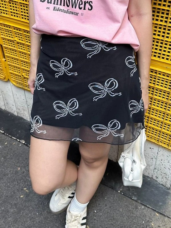 BLACK MINI SKIRT WITH WHITE BOW PATTERN Y2K STYLE